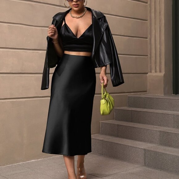 Black Preppy Womens High Waist Satin Skirt - Picture 3 of 5